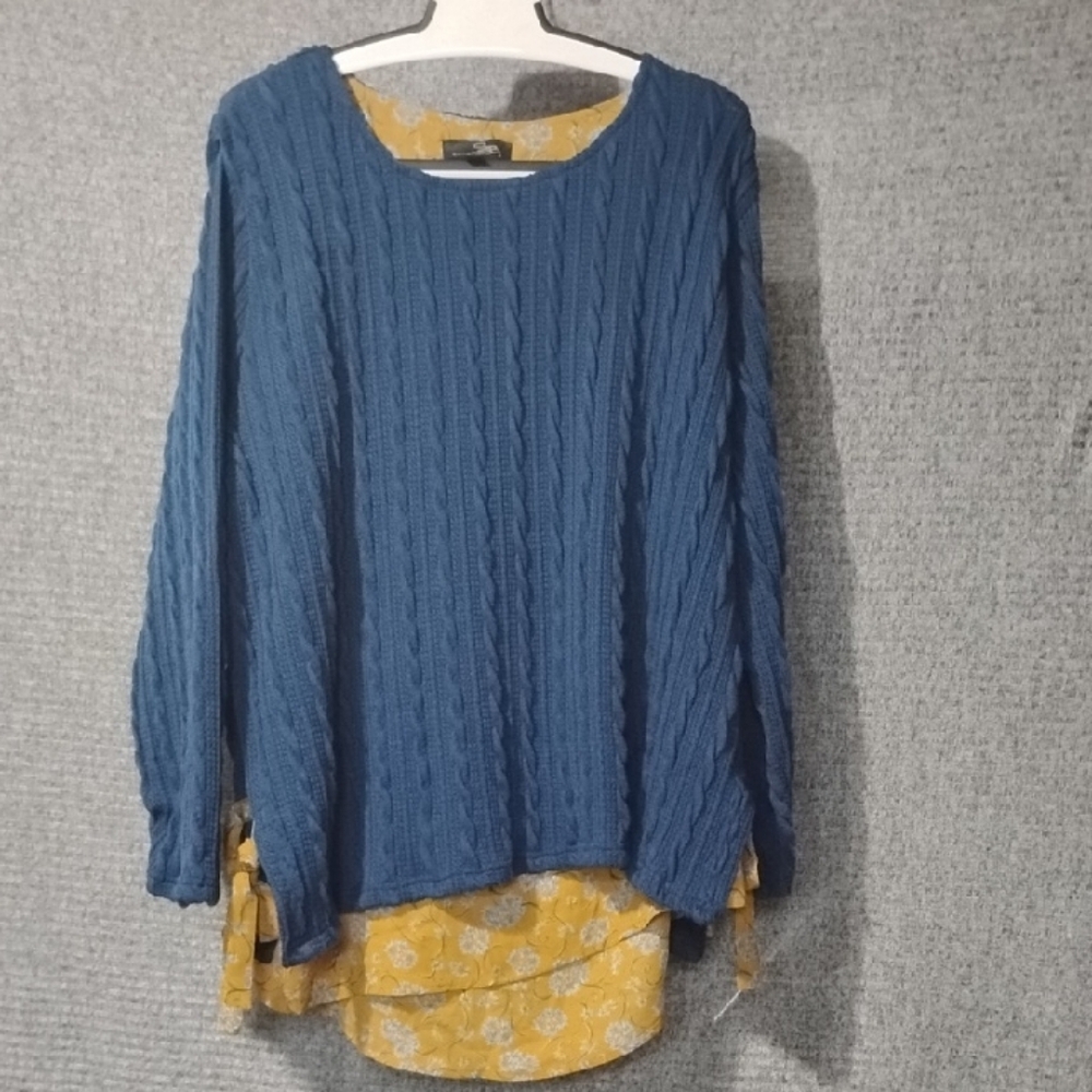 Suzanne Betro Blue Cable Knit Sweater with Yellow Floral Layer
